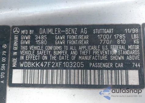 1999 Mercedes-Benz Slk 230 Kompressor from USA, damaged, VIN WDBKK47F2XF103205
